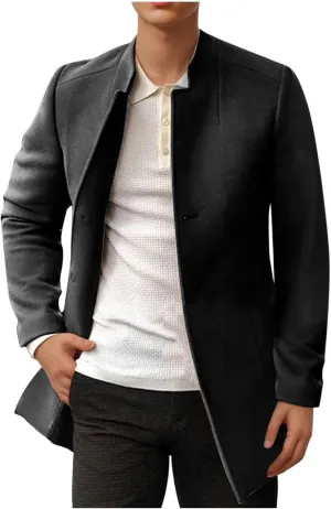 Xiaojmake Men All Weather Top Wool Blend Coat Single Breasted Pea Coat Winter Warm Overcoat Stand Collar Slim Fit Trench Coat