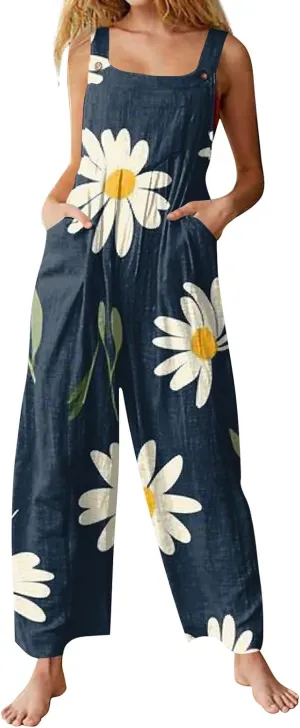 ZEFOTIM Wide Leg Jumpsuits for Women Floral Rompers Square Neck Wide Leg Jumpers Comfy Wide Straps Overall with Pockets