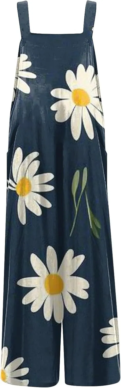ZEFOTIM Wide Leg Jumpsuits for Women Floral Rompers Square Neck Wide Leg Jumpers Comfy Wide Straps Overall with Pockets