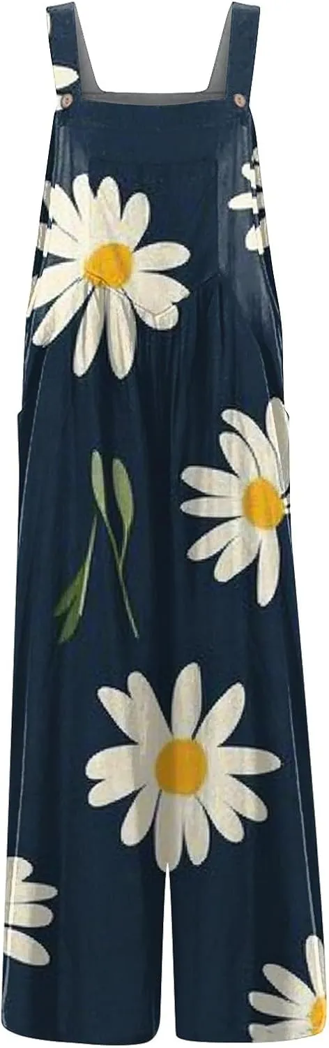 ZEFOTIM Wide Leg Jumpsuits for Women Floral Rompers Square Neck Wide Leg Jumpers Comfy Wide Straps Overall with Pockets