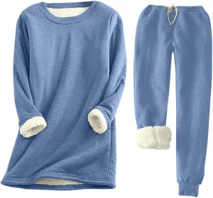 Zip Hoodies for Women Crop Two Piece Outfits for Women Winter Warm Fleece Lined Set Crewneck Long Sleeve Sweatshirts Drawstring Waist Tunic Blue XXXL