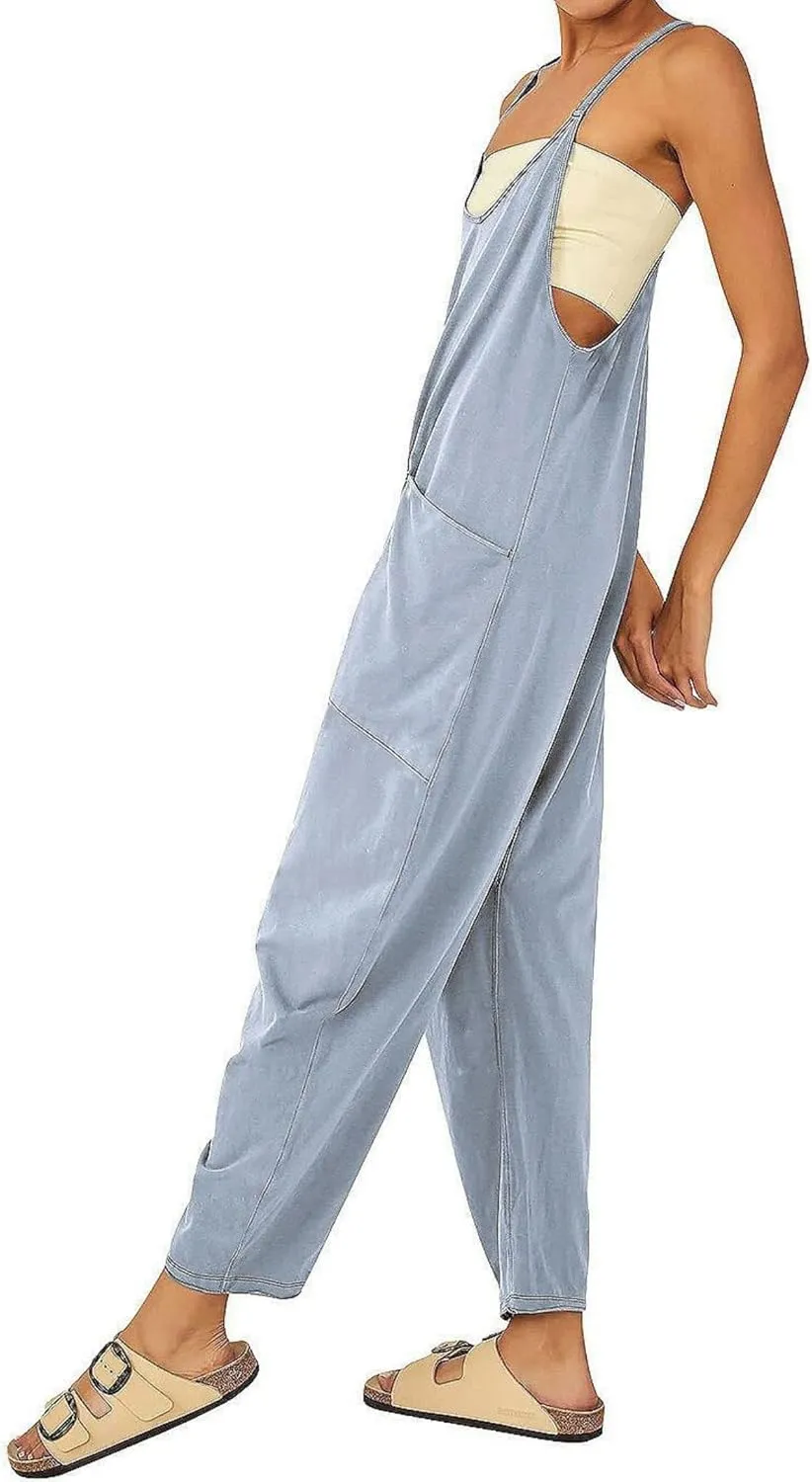 ZWRXW Jumpsuits for Women Oversized Sleeveless Jumpsuit Adjustable Spaghetti Strap Wide Leg Overall Rompers with Pockets 2024