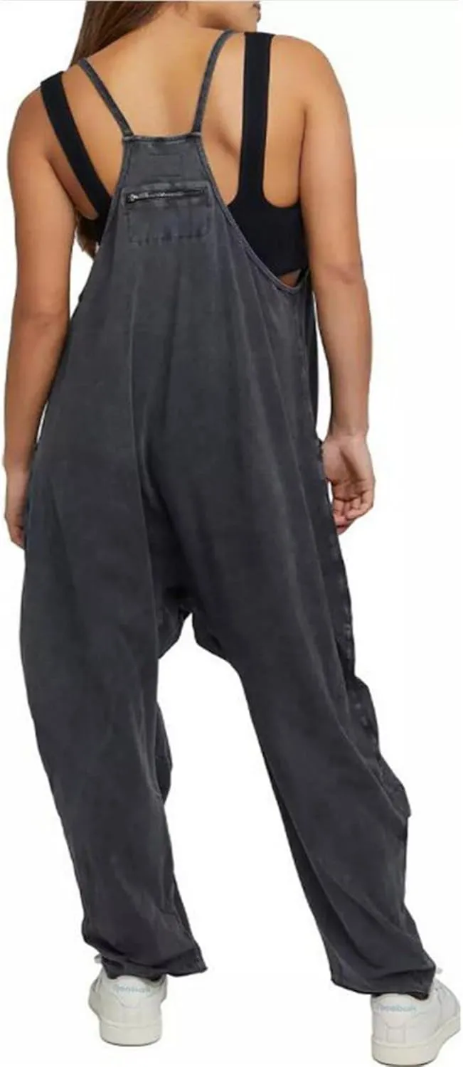 ZWRXW Jumpsuits for Women Oversized Sleeveless Jumpsuit Adjustable Spaghetti Strap Wide Leg Overall Rompers with Pockets 2024