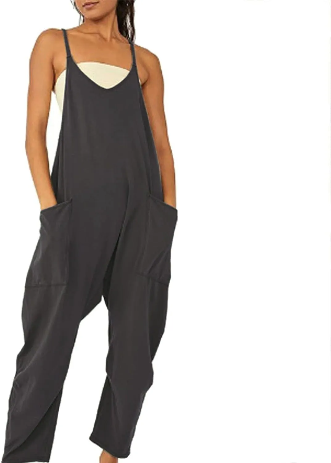 ZWRXW Jumpsuits for Women Oversized Sleeveless Jumpsuit Adjustable Spaghetti Strap Wide Leg Overall Rompers with Pockets 2024