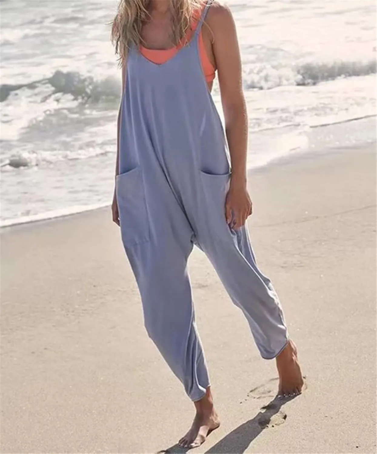 ZWRXW Jumpsuits for Women Oversized Sleeveless Jumpsuit Adjustable Spaghetti Strap Wide Leg Overall Rompers with Pockets 2024