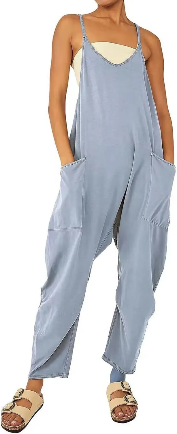 ZWRXW Jumpsuits for Women Oversized Sleeveless Jumpsuit Adjustable Spaghetti Strap Wide Leg Overall Rompers with Pockets 2024
