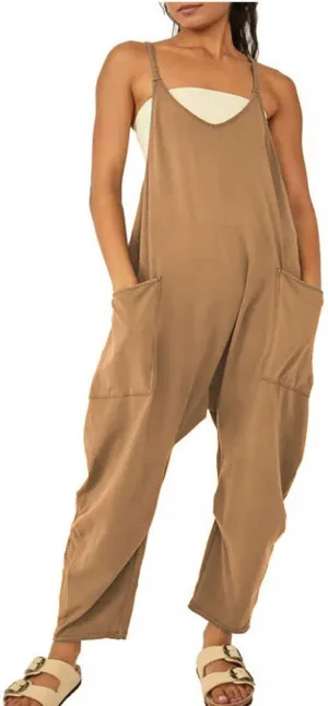 ZWRXW Jumpsuits for Women Oversized Sleeveless Jumpsuit Adjustable Spaghetti Strap Wide Leg Overall Rompers with Pockets 2024