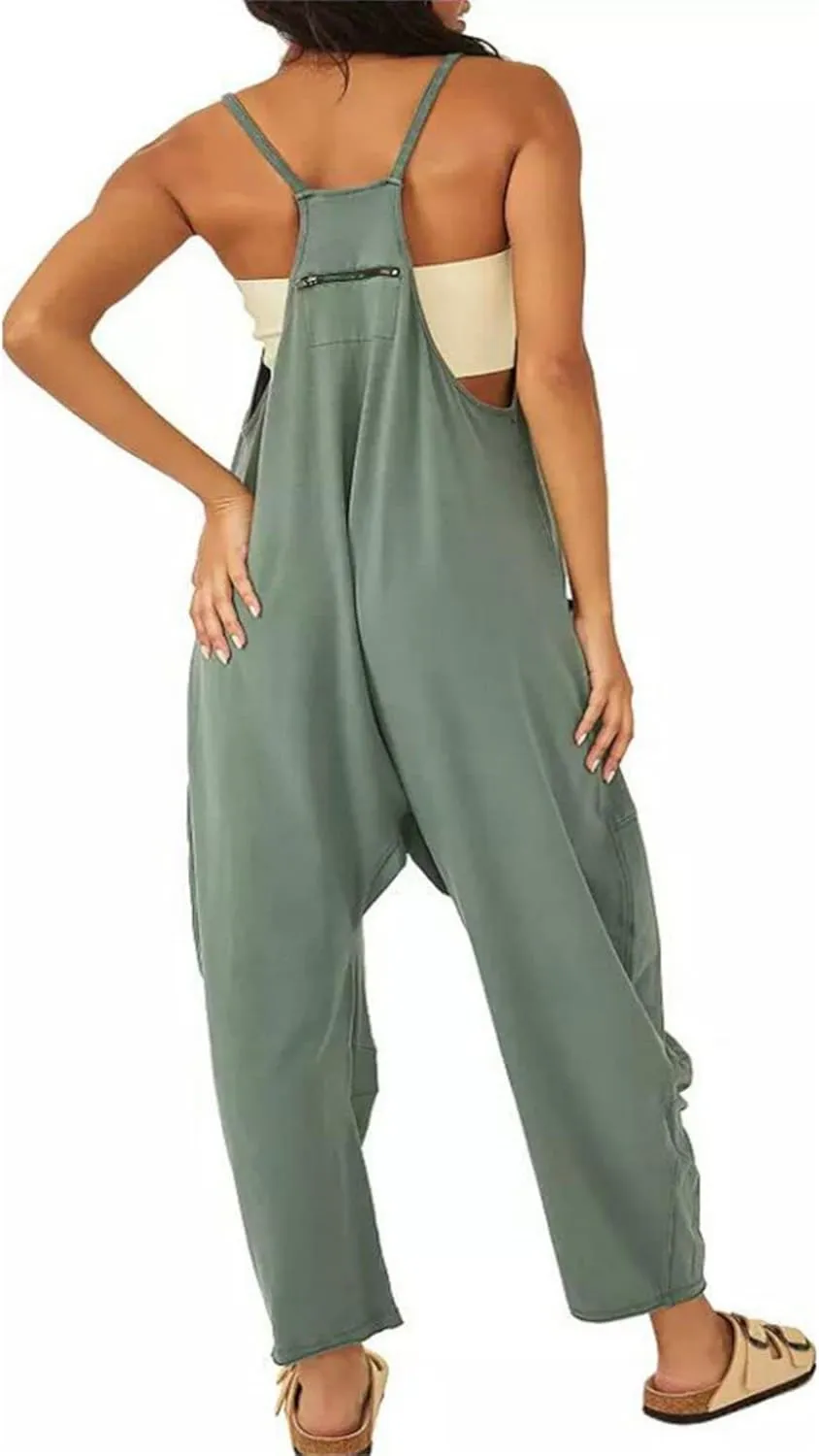 ZWRXW Jumpsuits for Women Oversized Sleeveless Jumpsuit Adjustable Spaghetti Strap Wide Leg Overall Rompers with Pockets 2024