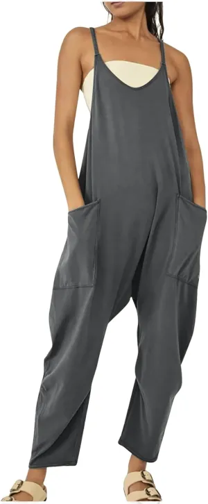 ZWRXW Jumpsuits for Women Oversized Sleeveless Jumpsuit Adjustable Spaghetti Strap Wide Leg Overall Rompers with Pockets 2024
