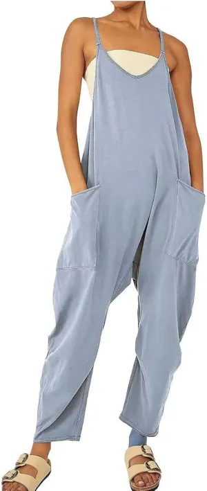 ZWRXW Jumpsuits for Women Oversized Sleeveless Jumpsuit Adjustable Spaghetti Strap Wide Leg Overall Rompers with Pockets 2024